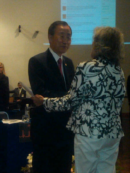 UN Secretary-General Ban Ki-Moon welcomes Peace Action's Judy Lerner